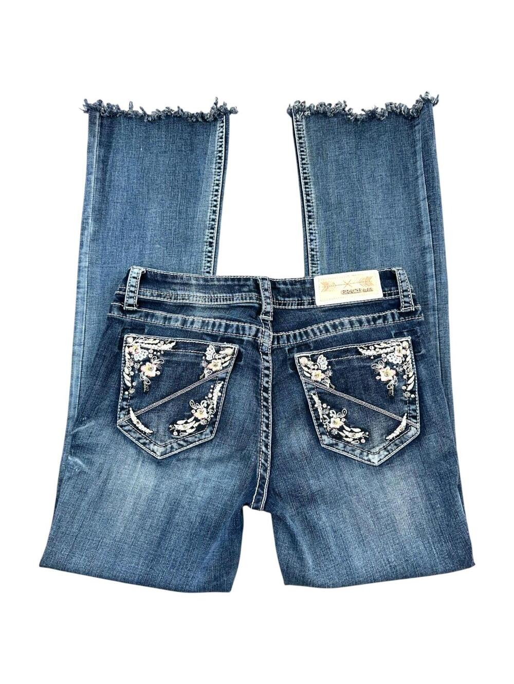 Grace In LA Embroidered Blue Flare Jeans with Crystal